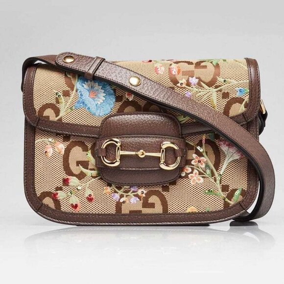 Gucci Beige/Ebony Jumbo GG Canvas/Leather Floral Embroidered 1955 Horsebit Sh... - Picture 1 of 12